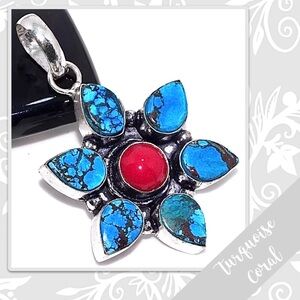 Turquoise, Coral Large Silver Floral Artisan Pendant, 2” (Pink, Turquoise Blue)